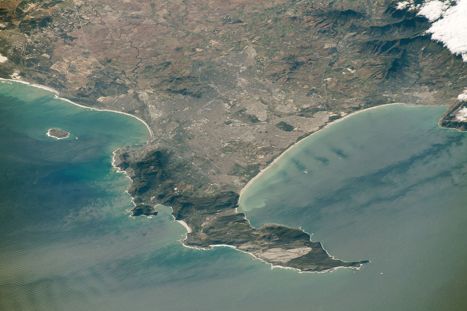 Cape Town seen from Table Mountain with the coastline beyond
