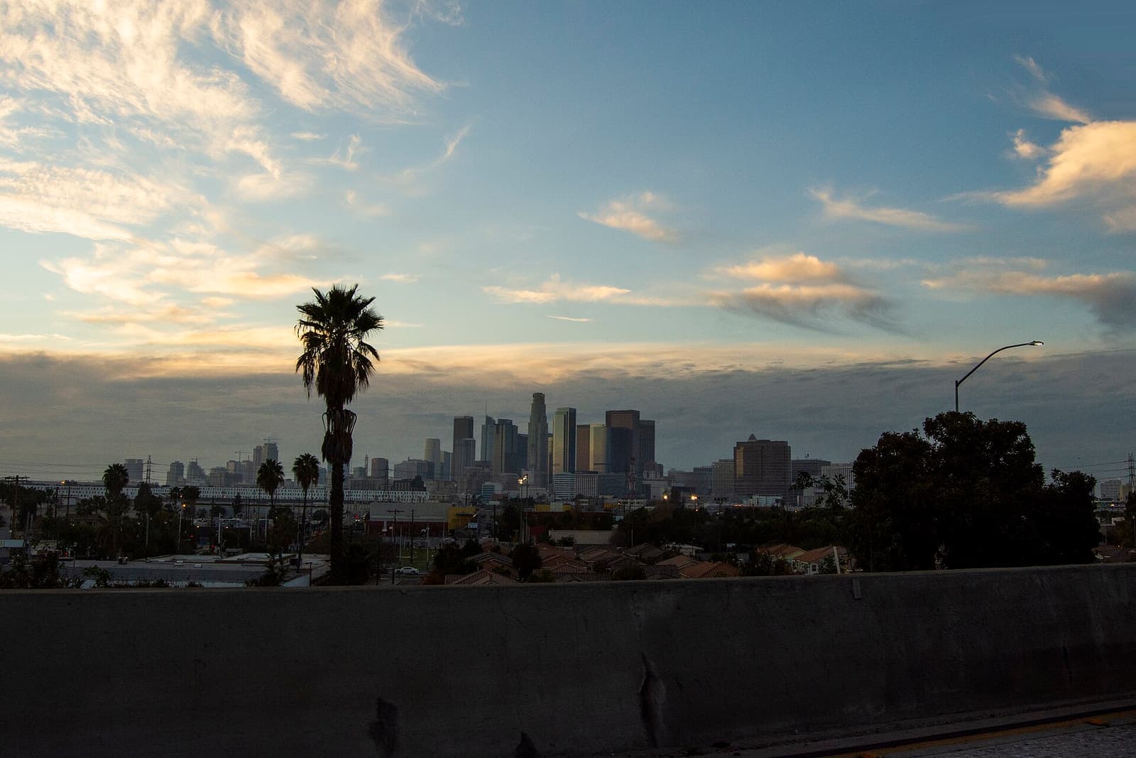 Downtown Los Angeles skyline glowing at sunset