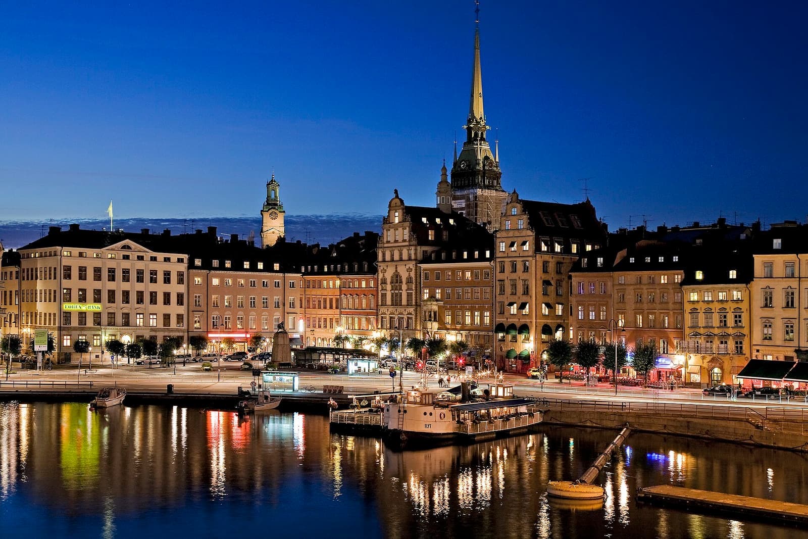 The old town of Stockholm across the water at dusk